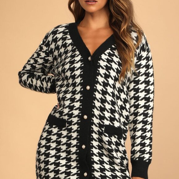 Lulus Truly Iconic Black and White Houndstooth Cardigan Sweater Dress - Picture 5 of 8